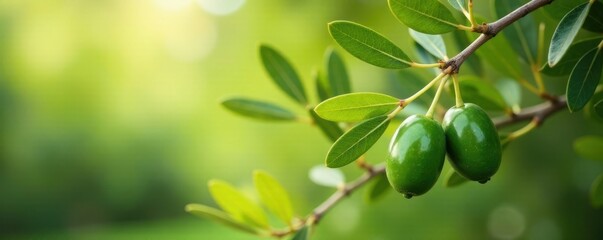 Obraz premium Olive tree with lush green leaves and a few olives hanging from its tip, farm, branch