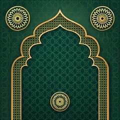 Gold Islamic Arch Design. Elegant Teal Mandala Arch. Islamic Style Mandala Frame.