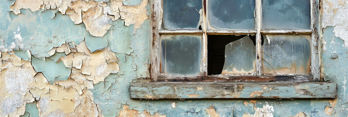 Decaying asylum with broken windows and peeling paint in a forgotten landscape