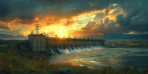 Naklejka premium Stunning sunset over a large dam with water cascading during evening hours