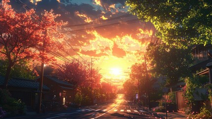 A serene sunset over a quiet street lined with trees and blooming flowers.