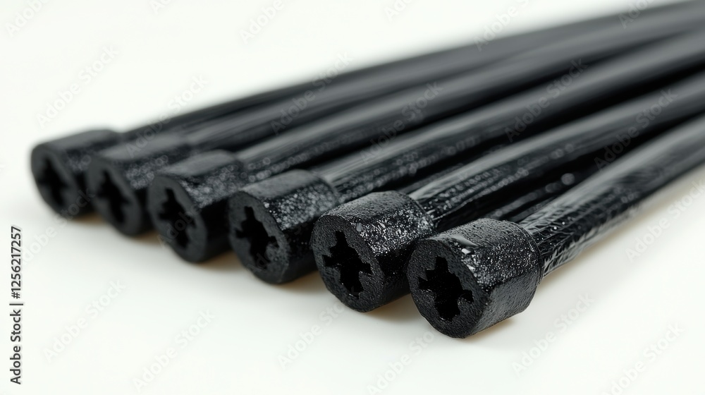 Poster a close-up of black hexagonal rods arranged in a line.