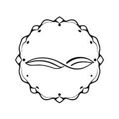 Minimalist black and white face, infinity symbol, ornamental frame, detailed outline, geometric artwork.