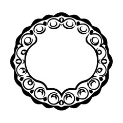 Intricate black and white stylized floral design, an elegant illustration of a circular ornate decorative frame against a white background.