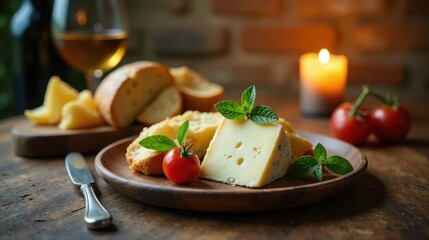 Aromatic Cheese Wedge with Crusty Bread and Fresh Tomatoes, Illuminated by Candlelight