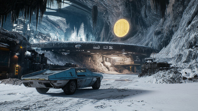 Futuristic car parked in a snowy underground sci-fi base with glowing architecture and icy cavern structures - Powered by Adobe