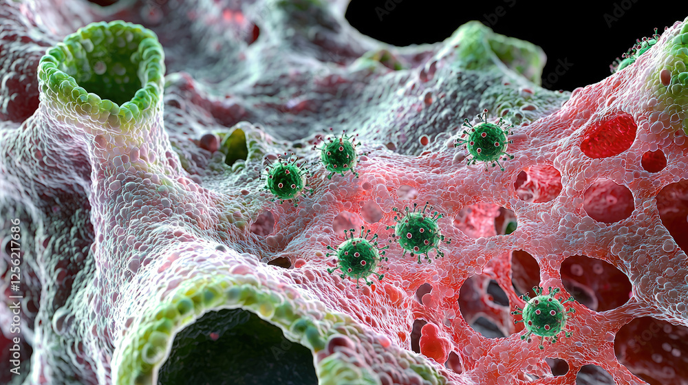 Poster microscopic view of viral structures interacting with cellular environment, showcasing intricate det