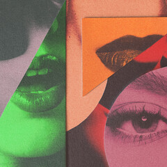 Abstract colorful paper collage illustration with woman portrait face elements. Retro vintage style. Grain and grunge effect applied