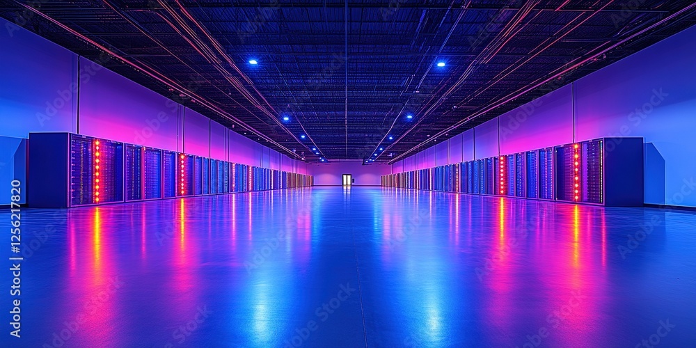 Poster illuminated server room showcases colorful led lights and sleek servers in a modern data center