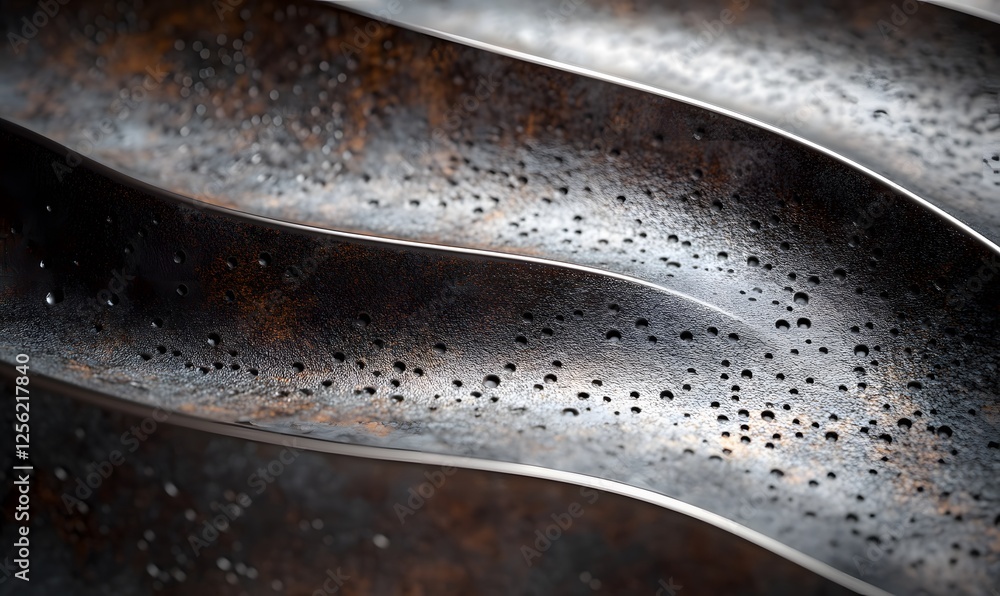 Poster abstract close-up of textured metallic surface with scattered water droplets, creating a modern indu