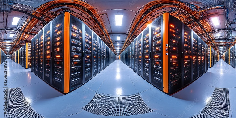Poster innovative data center showcasing advanced technology and efficient server organization with illumin