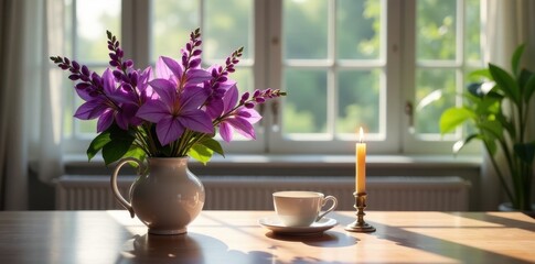 Fototapeta premium A peaceful morning scene featuring a bouquet of purple flowers in a ceramic vase, a lit candle on a candlestick, and a cup of tea on a wooden table, bathed in sunlight streaming through a window.