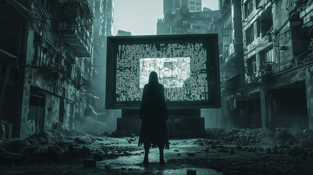 A hooded figure stands before a glowing screen in a futuristic dystopian alley, surrounded by crumbling buildings