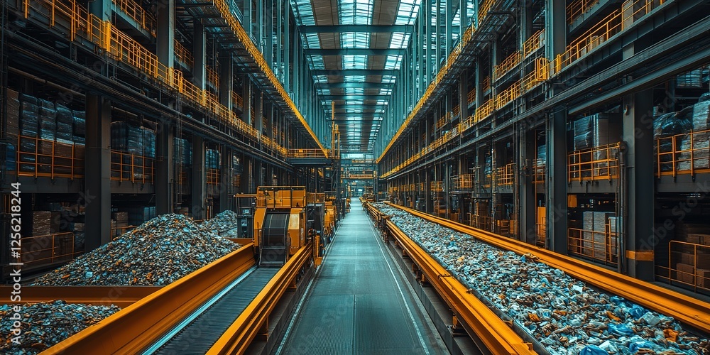 Poster waste management facility in action with conveyor belts and recycling processes operating efficientl