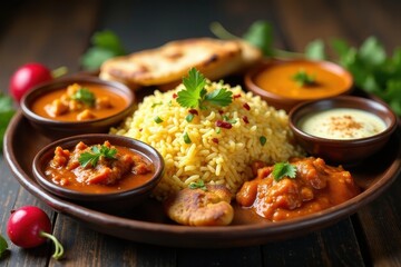 Fototapeta premium Aromatic Spiced Cuisine Platter Featuring Diverse Curries, Fluffy Rice, and Warm Flatbreads