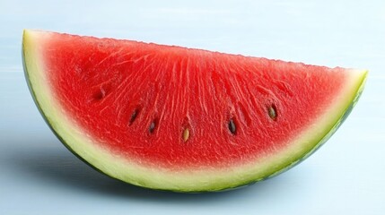 A fresh watermelon slice, vibrant red and green, placed on a light blue background. -