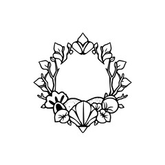 Ornamental black ink floral wreath with minimalist minimalist style.
