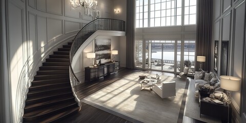 Obraz premium Elegant interior design of a spacious living room with a grand staircase and a view of the waterfront at sunset