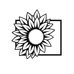 Sunflower Illustration in a square frame, featuring a black and white minimalist style, showcasing a detailed, vectorized rendering.