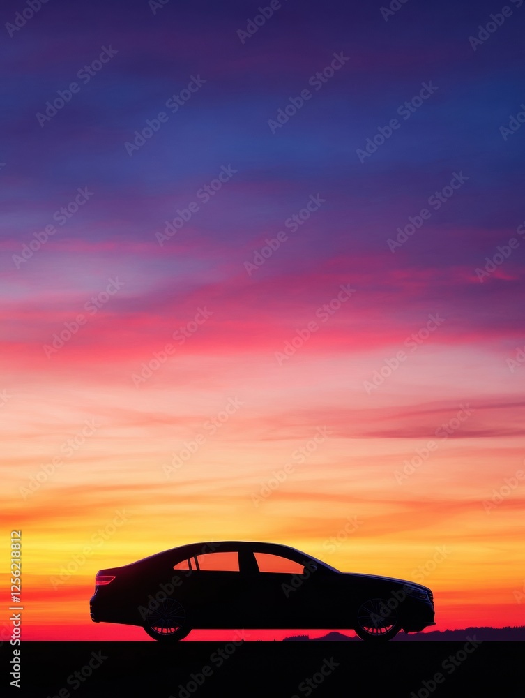 Poster silhouette of a sleek car against a vibrant sunset sky in a spacious setting with room for text. gen