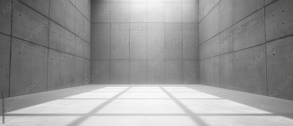 Poster minimalistic concrete room with natural light streaming through large windows, creating shadows
