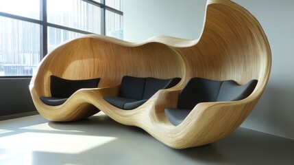 Modern office space with colorful, curved seating pods, surrounded by lush indoor plants, creating a vibrant and relaxing work environment. Each pod has a small table and a computer, ideal for focused
