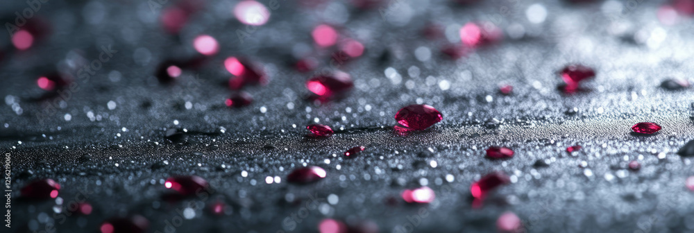 Poster sparkling ruby elements scattered on a textured silver background amidst subtle light reflections