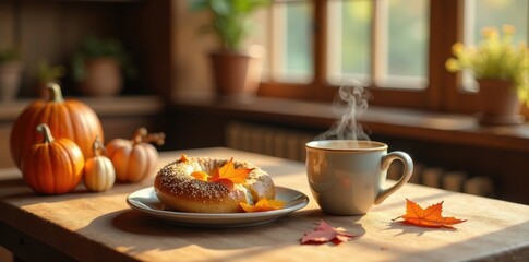 Fototapeta premium Autumnal Still Life A Warm Drink, Baked Goods, and Autumn Leaves on a Rustic Table