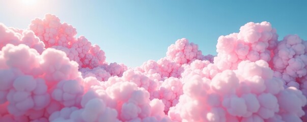 Fototapeta premium Pink fluffy cotton candy clouds peek through the gaps in white puffy clouds, puffy, soft
