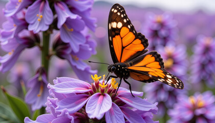 Fototapeta premium Vibrant monarch butterfly perched on lavender flower, nature's beauty