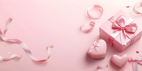 Obraz premium Pink Gift Box and Heart-Shaped Decorations with Ribbons