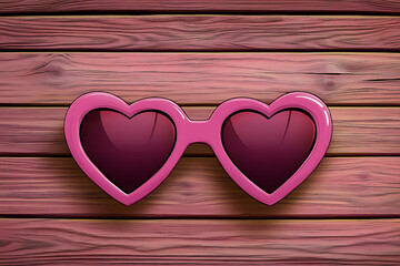 Heart-shaped sunglasses resting on a pink wooden surface, evoking a playful and romantic vibe