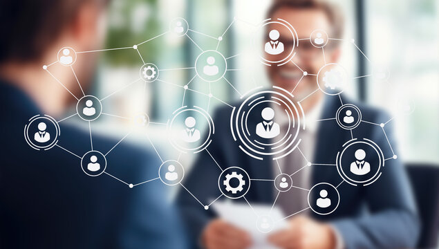Two professionals engage in a handshake within a green cubicle setup highlighting a hybrid workflow. The space promotes agile leadership and remote automation for digital nomads