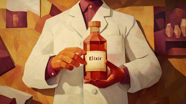 A man in a white lab coat holding a bottle of Elixir. The bottle is brown and has a label on it