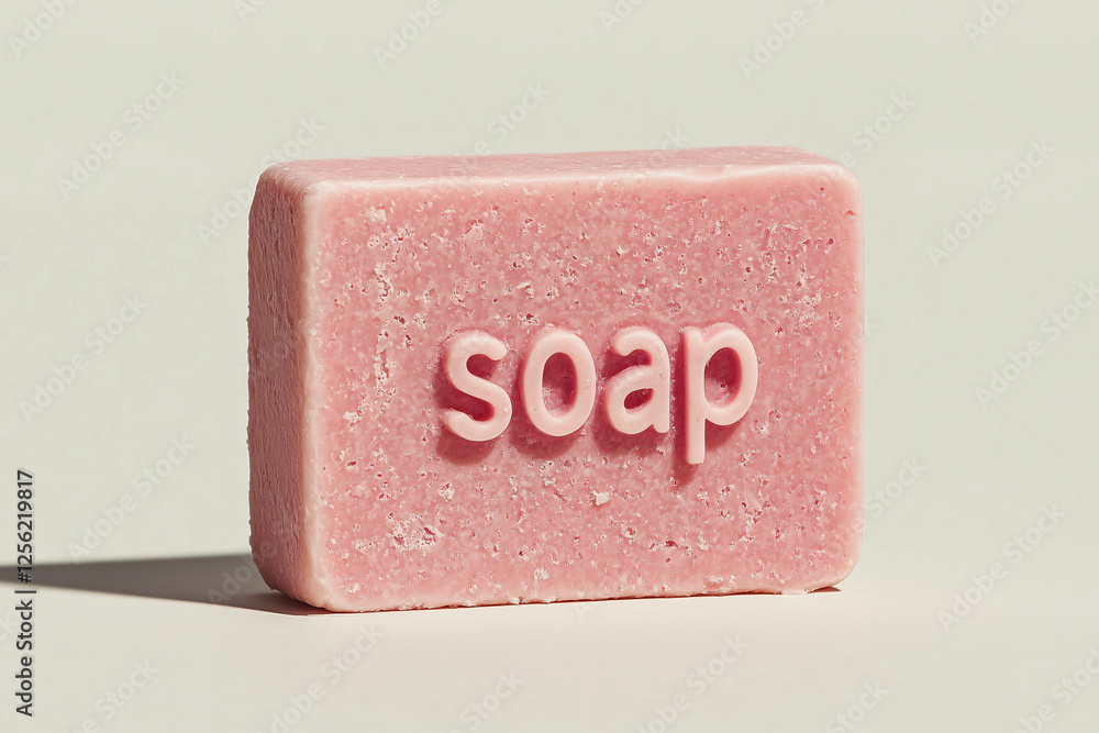Poster pink soap bar: a minimalist image of a rectangular pink soap bar with the word 