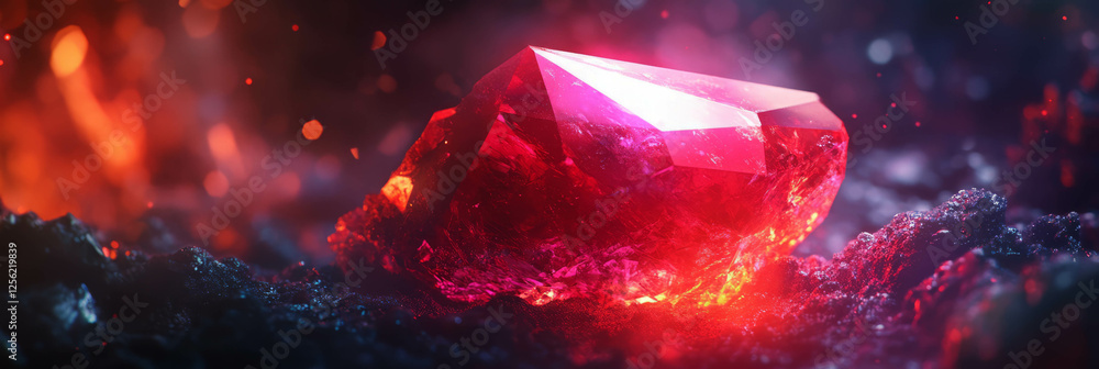 Aufkleber glowing ruby rests on a bed of shimmering crystals in a mystical setting