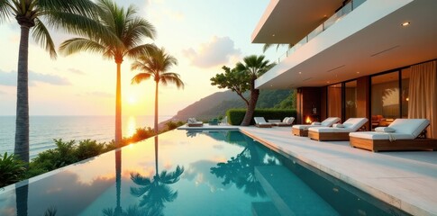 Fototapeta premium Oceanfront Luxury Villa with Infinity Pool at Sunset