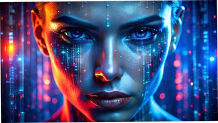 Futuristic Cyberpunk Portrait with Digital Code Projection and Neon Lighting