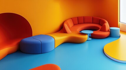 Modern office space with colorful, curved seating pods, surrounded by lush indoor plants, creating a vibrant and relaxing work environment. Each pod has a small table and a computer, ideal for focused