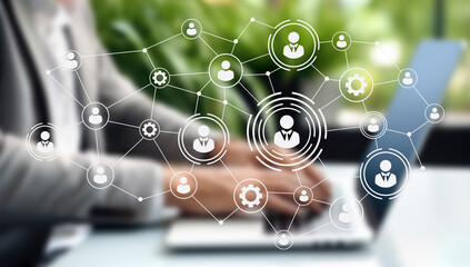 A modern workspace integrates digital tools and human elements, fostering collaboration among remote teams. The environment highlights flexibility, AI resources, and a focus on productivity