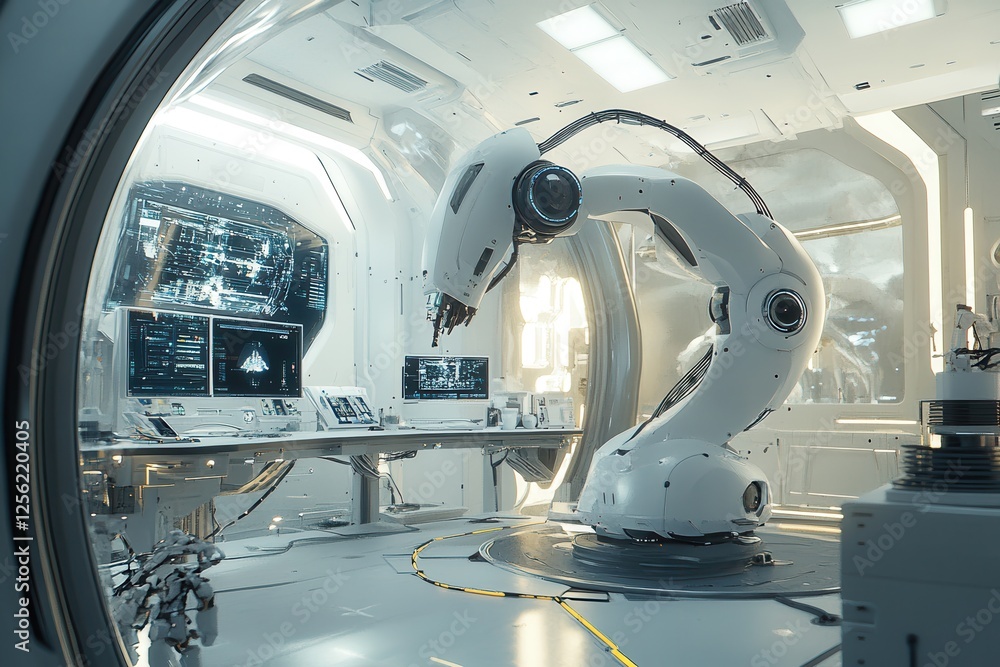Poster futuristic workspace with ai and robotic support for advanced operations in a cutting edge setting .