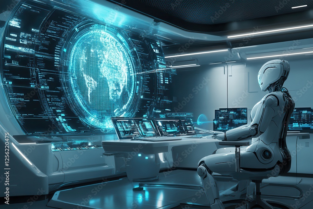 Wall mural Futuristic workspace with ai and robotic support for advanced operations in a cutting edge setting .