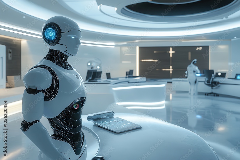 Poster futuristic workspace with ai and robotic support for advanced operations in a cutting edge setting .