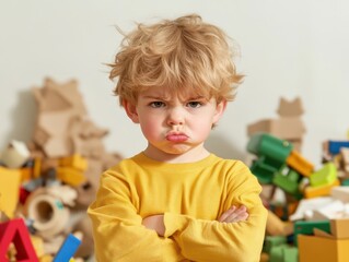 Fototapeta premium Upset child in yellow shirt surrounded by colorful building blocks