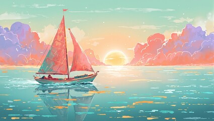 Naklejka premium Sailboat sailing on calm seas against a peachy lavender sunset Vivid teal coral and gold hues create a whimsical serene scene