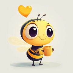 Cartoon bee holding a cup of honey, happy expression, light gray background. Possible use children's book illustration, greeting card design