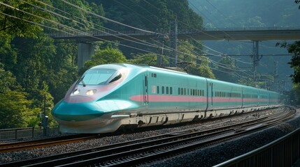 Fototapeta premium Streamlined High-Speed Train Traveling Through Lush Green Landscape