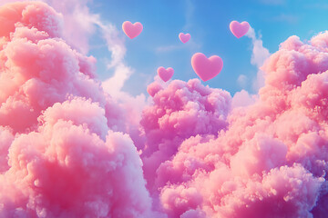 Fototapeta premium Soft pink clouds filled with floating hearts against a bright blue sky, creating a dreamy atmosphere