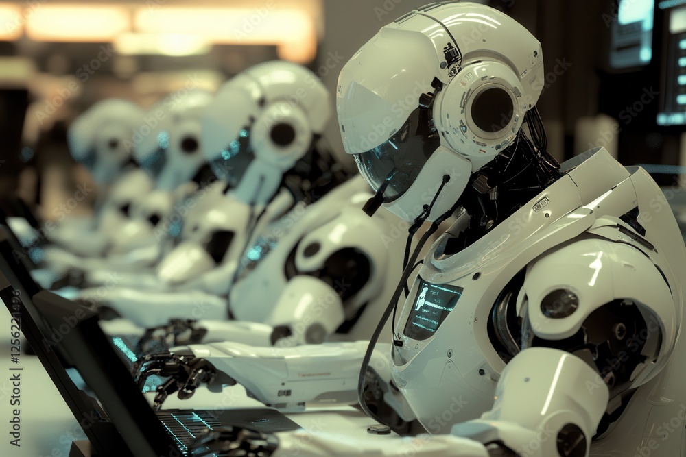 Poster futuristic service, robots at work in a call center . futuristic robots working collaboratively in a