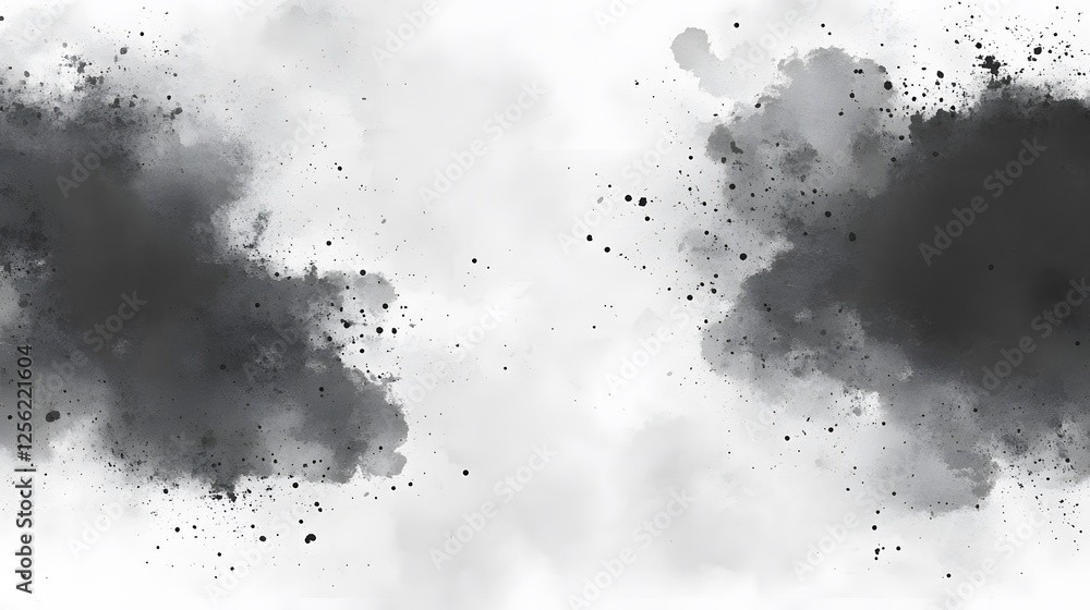 Poster black ink blots on white background with watercolor swirls and intricate patterns in abstract design